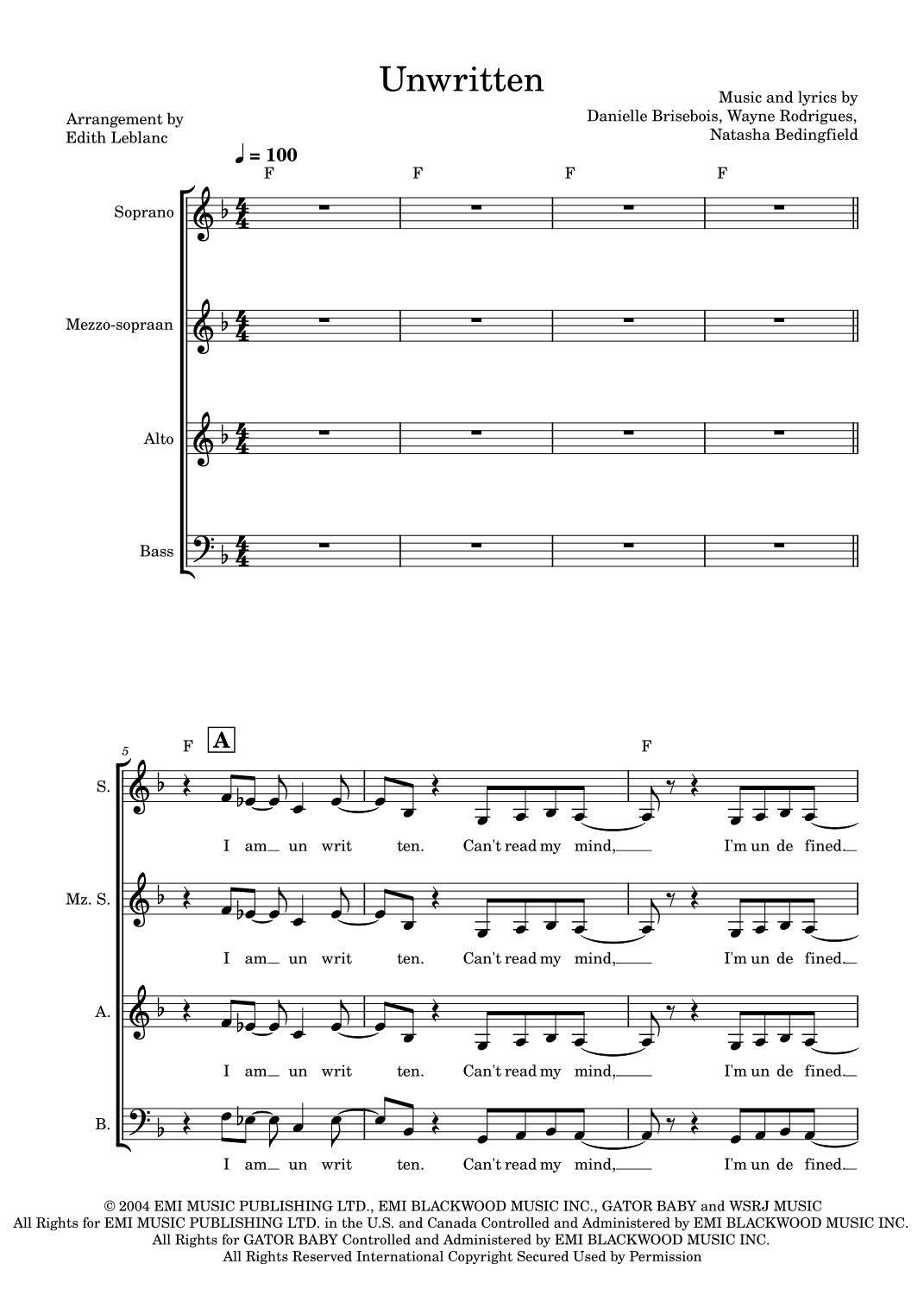 Unwritten (arr. Edith Leblanc)