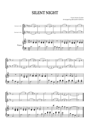 Silent Night for clarinet in Bb duet with piano accompaniment • easy Christmas song sheet music (arr. Benzaiten Editions)