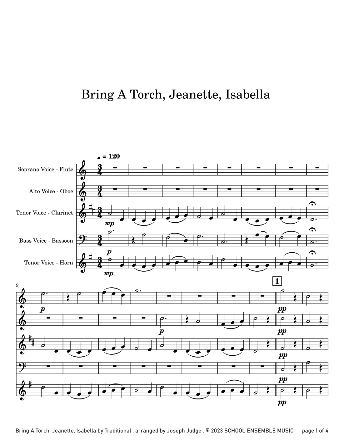 Bring A Torch for Woodwind Quartet in Schools (arr. Joseph Judge)