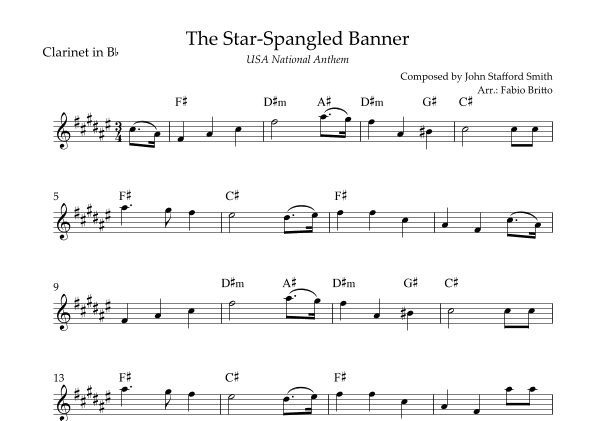 The Star Spangled Banner (USA National Anthem) for Clarinet in Bb Solo with Chords (E Major) (arr. Fabio Britto)