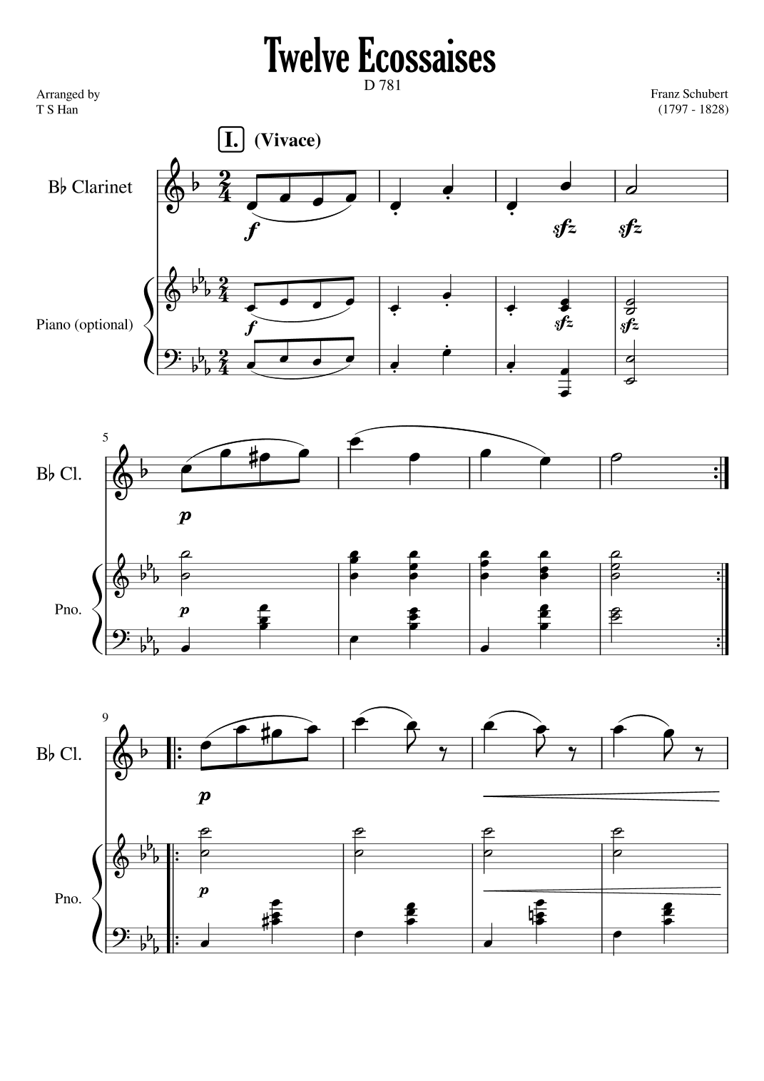 Schubert 12 Ecossaises for Clarinet and Piano, D 781 (arr. T S Han)