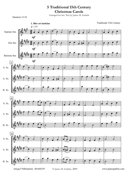 5 Traditional 15th Century Christmas Carols for Soprano, Alto & Baritone Sax Trio (arr. James M. Guthrie, ASCAP)