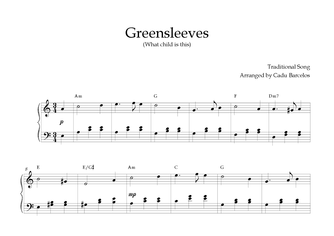 Greensleeves Intermediate Piano - A minor Chords (2) (arr. Cadu Barcelos)