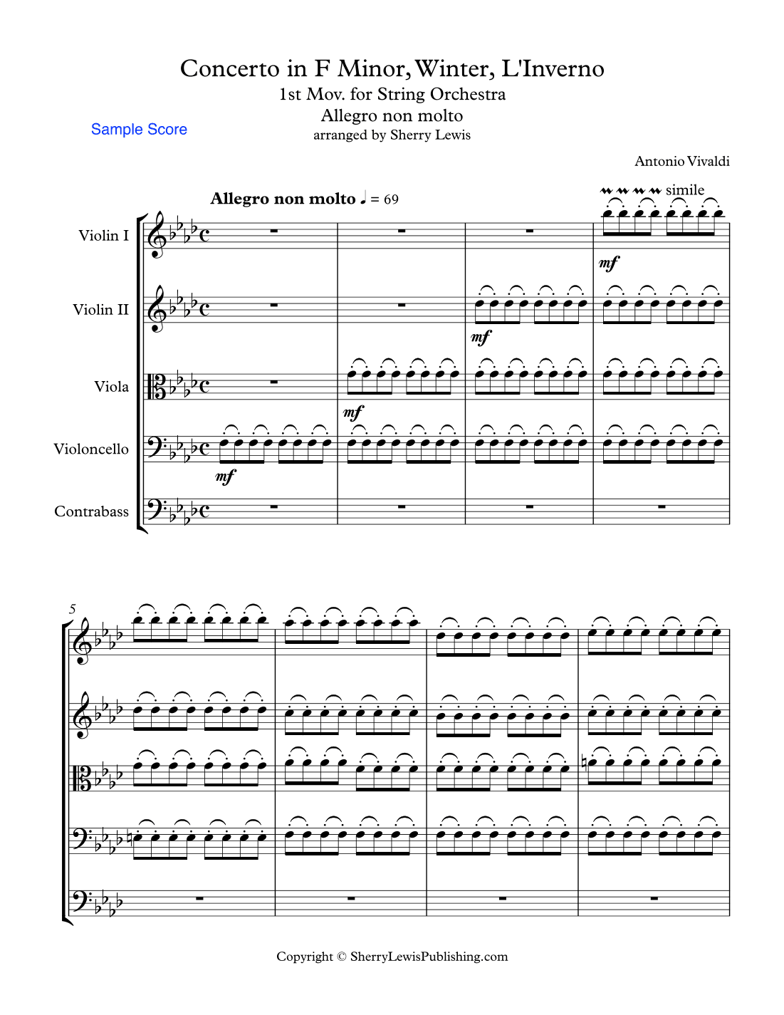 CONCERTO IN F MINOR, Winter by Vivaldi, L'Inverno, 1st mov (Allegro con molto),String Orchestra, Int (arr. Sherry Lewis)