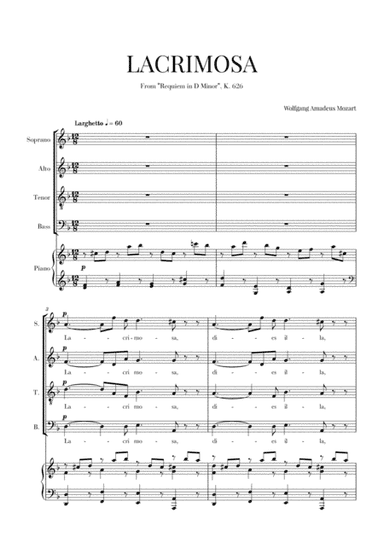 W. A. Mozart - Requiem - Lacrimosa (SATB and Piano Accompaniment) (arr. Cadenza Editions)