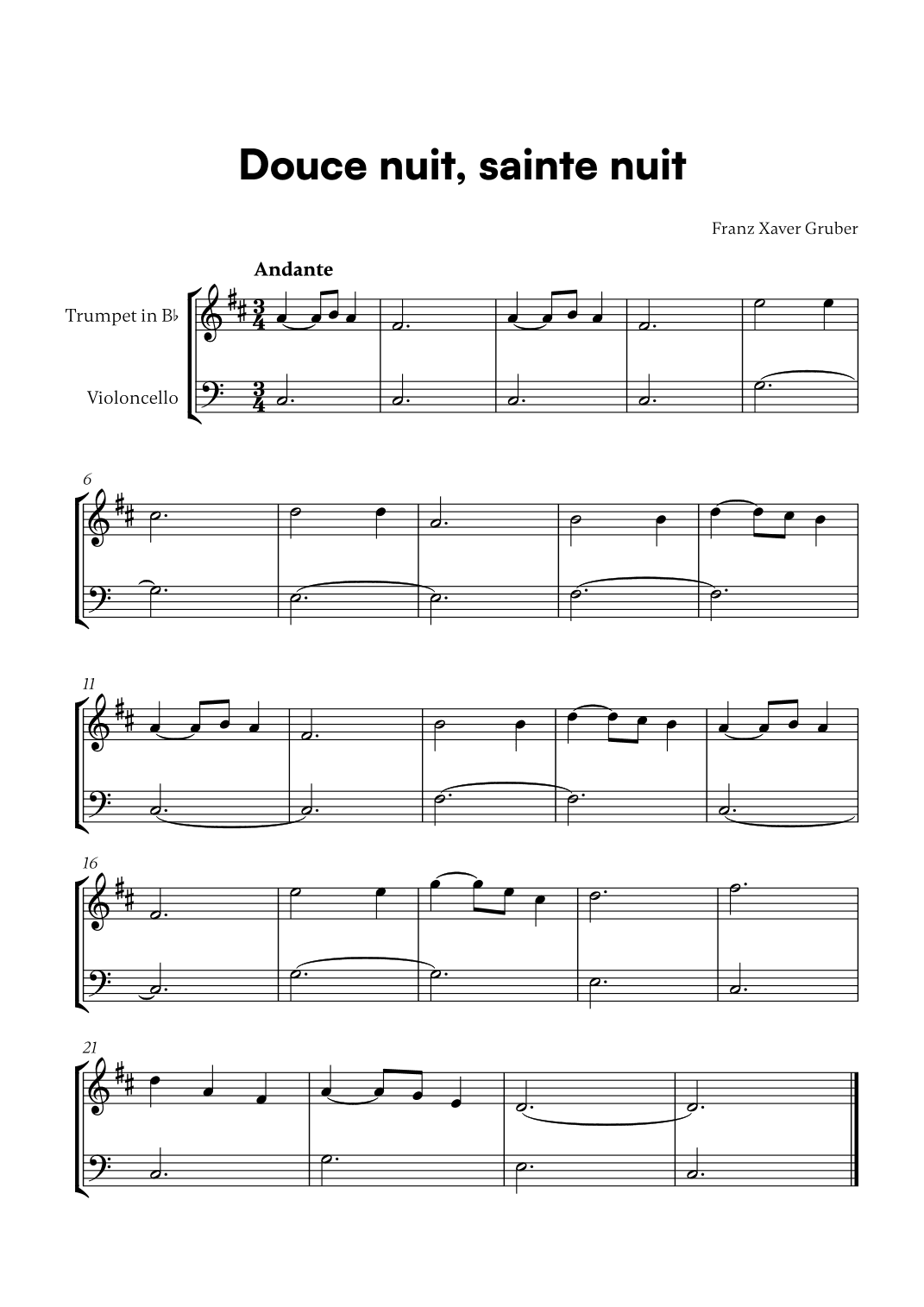 Douce nuit, sainte nuit (for Trumpet in Bb and Cello) (arr. Cadenza Editions)