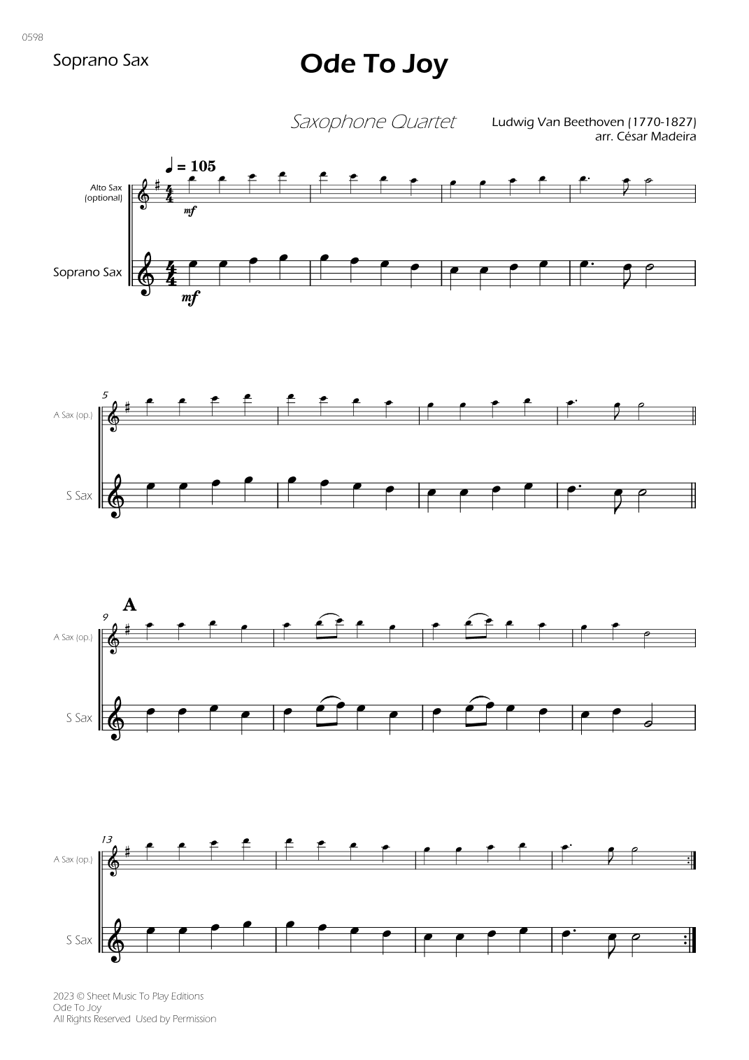 Ode To Joy - Easy Sax Quartet (Individual Parts) (arr. César Madeira)