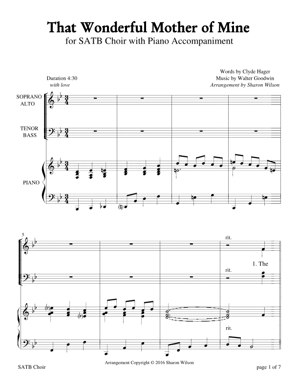 That Wonderful Mother of Mine (for SATB choir with Piano Accompaniment) (arr. Sharon Wilson)