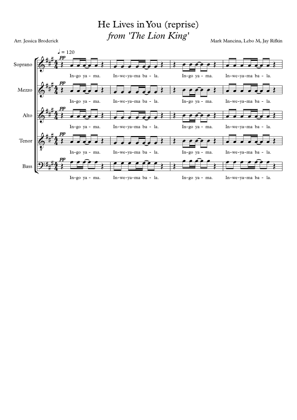 He Lives In You (reprise) (arr. Jessica Broderick)