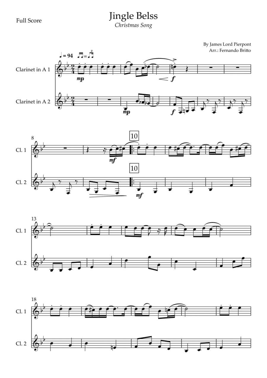 Jingle Bells - Jazz Version (Christmas Song) for Clarinet in A Duo (arr. Fernando Britto)