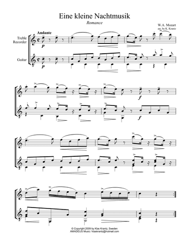 Romance from Eine kleine Nachtmusik for treble recorder and guitar (arr. K. Krantz)