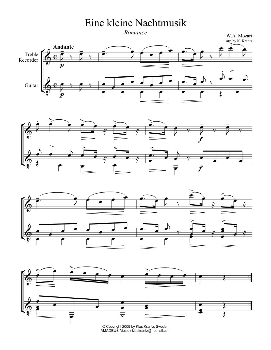 Romance from Eine kleine Nachtmusik for treble recorder and guitar (arr. K. Krantz)