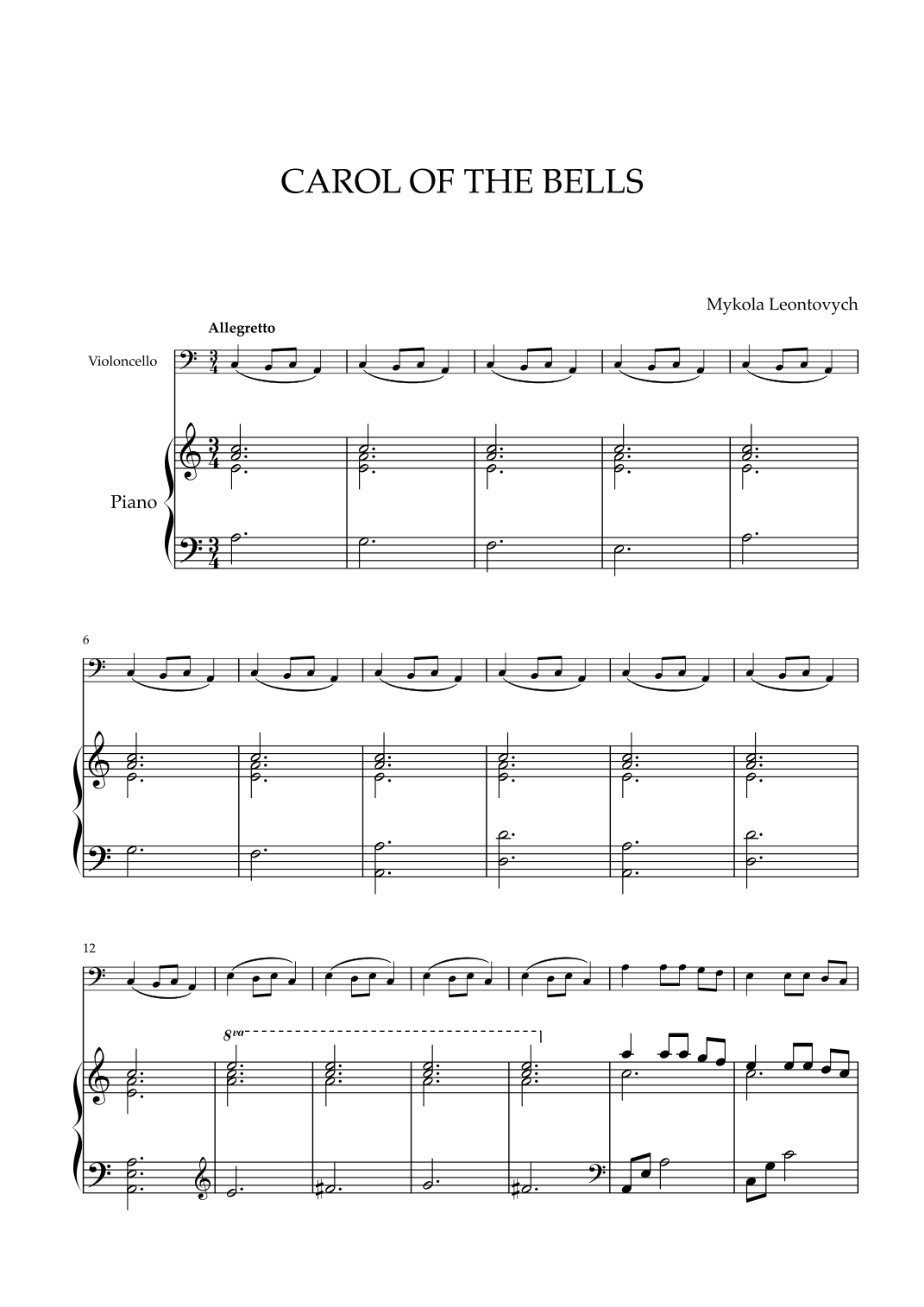 Mykola Leontovych - Carol of The Bells (for Cello and Piano) (arr. Cadenza Editions)
