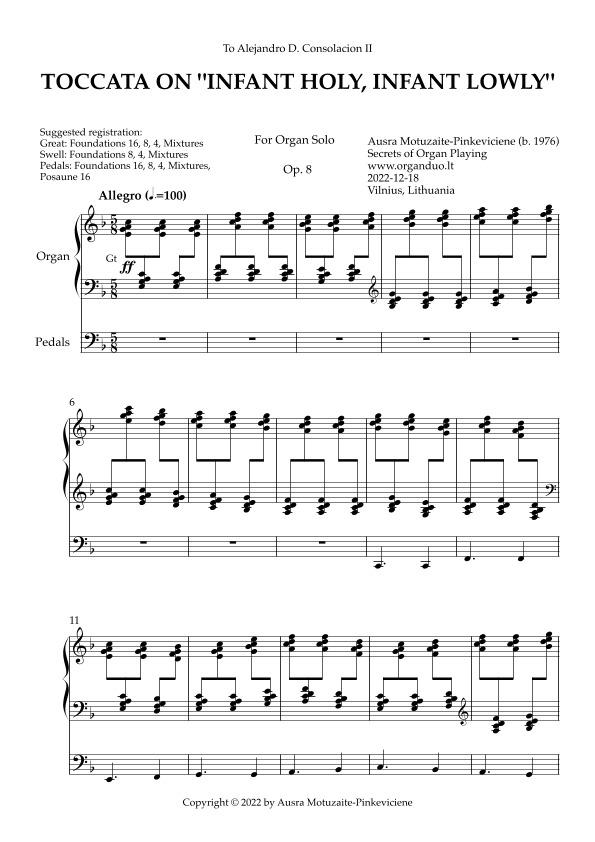 Toccata on "Infant Holy, Infant Lowly", Op. 8 (Organ Solo) by Ausra Motuzaite-Pinkeviciene