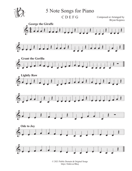 5 Note Songs for Piano (CDEFG right hand) (arr. Bryan Kujawa)