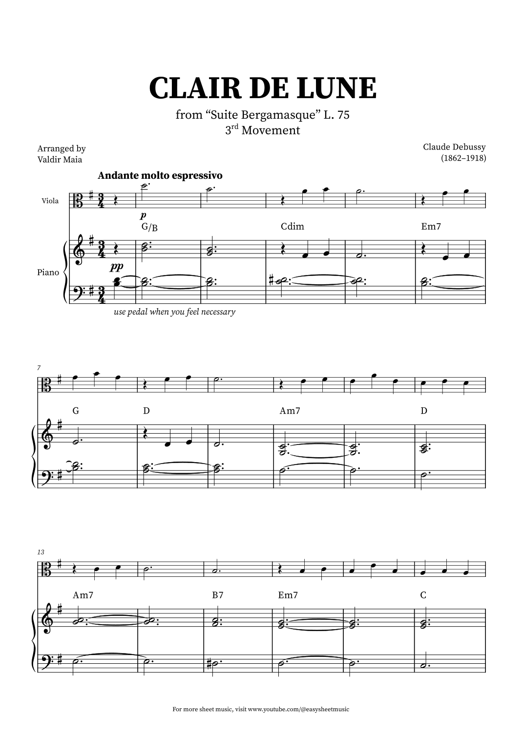 Clair de Lune - Viola and Piano + CHORDS (arr. Valdir Maia)