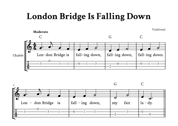 London Bridge Is Falling Down - For Ukulele (C Major - with TAB, Chords and Lyrics) (arr. Yuri Noronha)