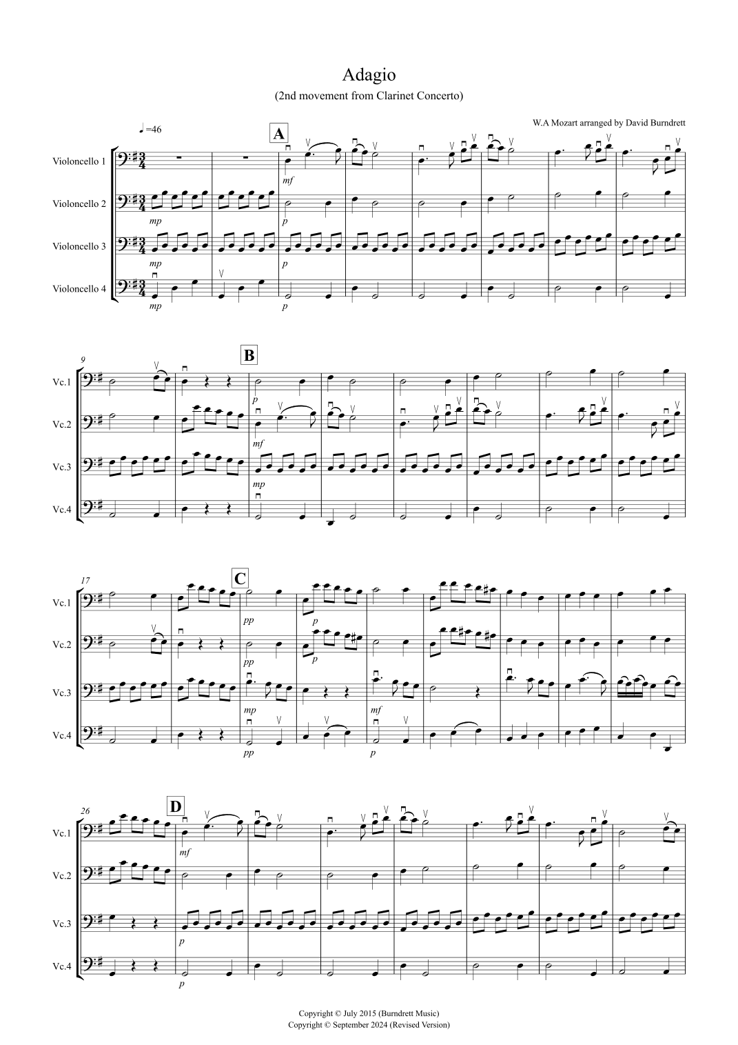 Adagio from Mozart's Clarinet Concerto for Cello Quartet (arr. David Burndrett)