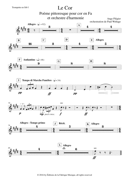 Ange Flégier: Le Cor for solo horn and concert band, Bb trumpet 1 part (arr. Paul Wehage)