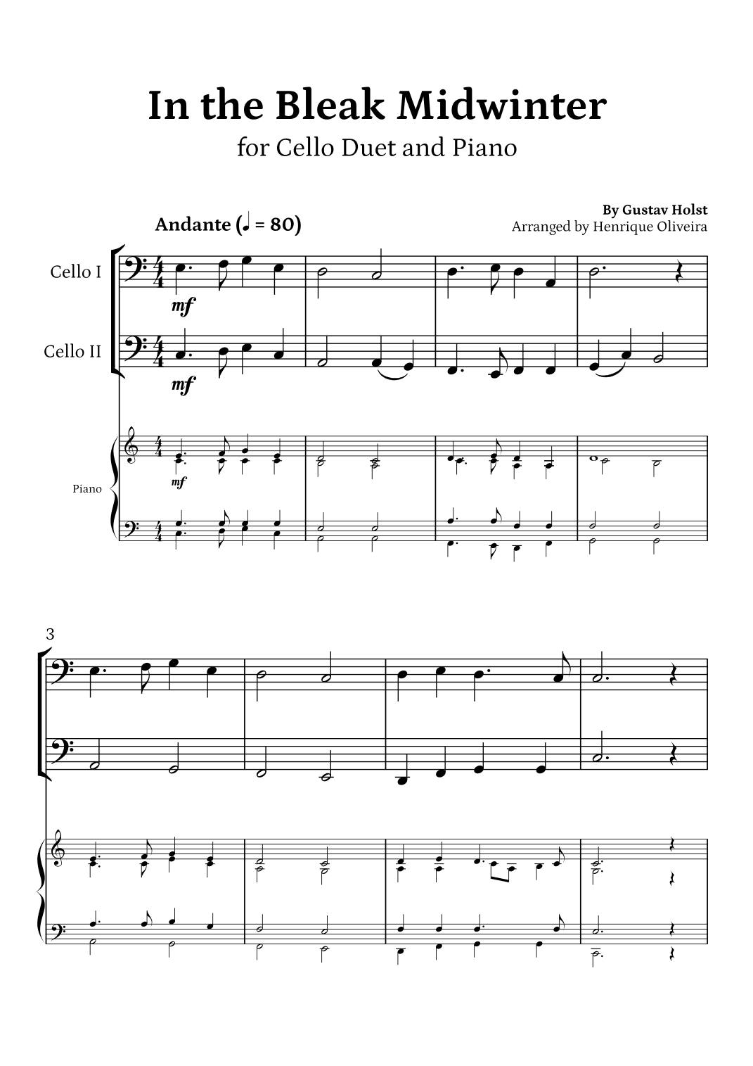 In the Bleak Midwinter (Cello Duet and Piano) - Beginner Level (arr. Henrique Oliveira)