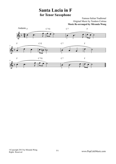 Santa Lucia in F - Tenor or Soprano Saxophone Solo (arr. Miranda Wong)