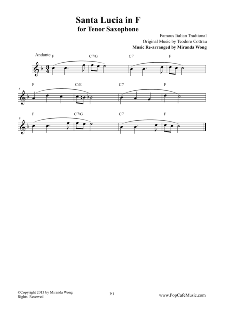 Santa Lucia in F - Tenor or Soprano Saxophone Solo (arr. Miranda Wong)