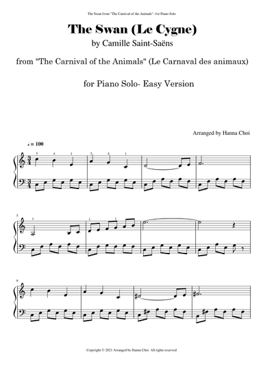 The Swan (Le Cygne) by Camille Saint-Saëns (Carnival of the Animals) - for Piano solo (arr. Hanna Choi)