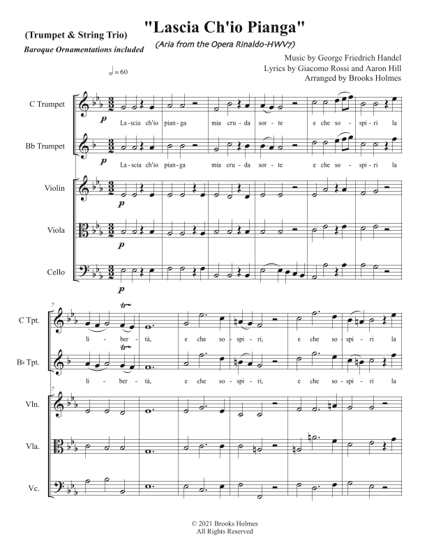 Lascia Ch'io Pianga (Aria from the Opera Rinaldo) for Trumpet & String Trio (arr. Brooks Holmes)
