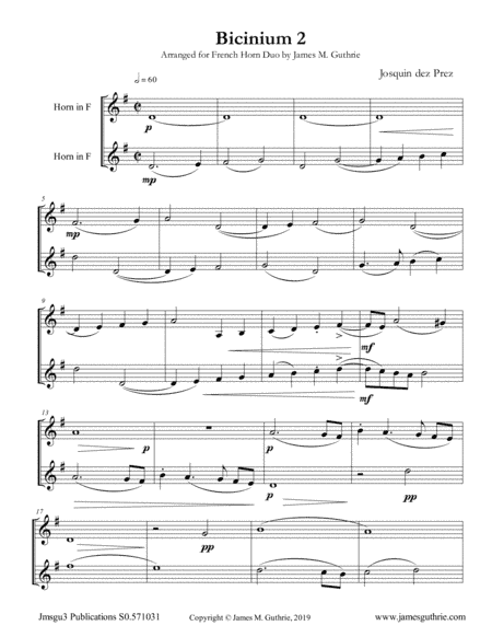 Josquin: Bicinium 2 for French Horn Duo (arr. James M. Guthrie)