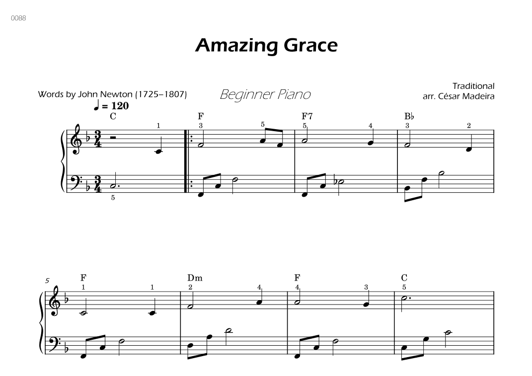 Amazing Grace - Easy Piano - W/Chords (Full Score) (arr. César Madeira)