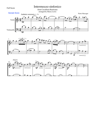INTERMEZZO SINFONICO from 'Cavalleria Rusticana', Pietro Mascagni,  String Duo, Intermediate Level f (arr. Sherry Lewis)