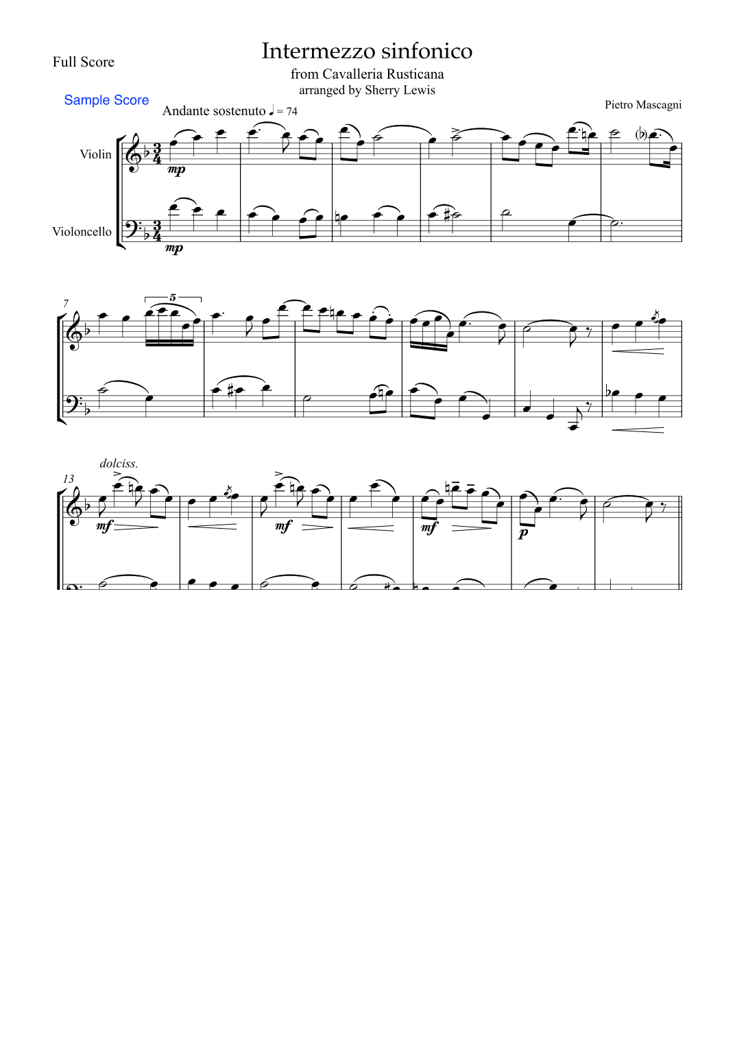 INTERMEZZO SINFONICO from 'Cavalleria Rusticana', Pietro Mascagni,  String Duo, Intermediate Level f (arr. Sherry Lewis)