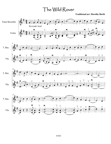 The Wild Rover - Violin and Recorder/Flute (arr. Dorothy van Joolen Barth)