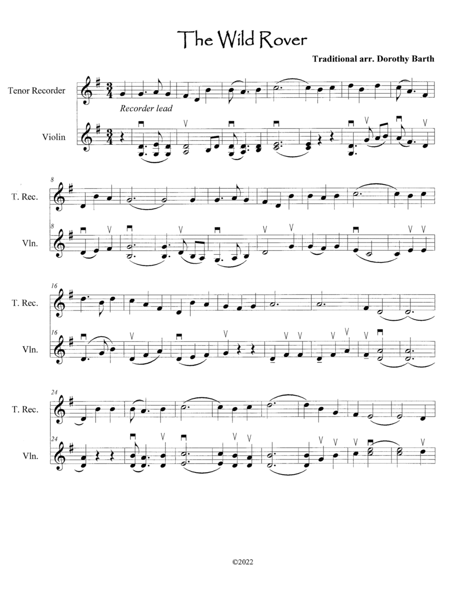The Wild Rover - Violin and Recorder/Flute (arr. Dorothy van Joolen Barth)