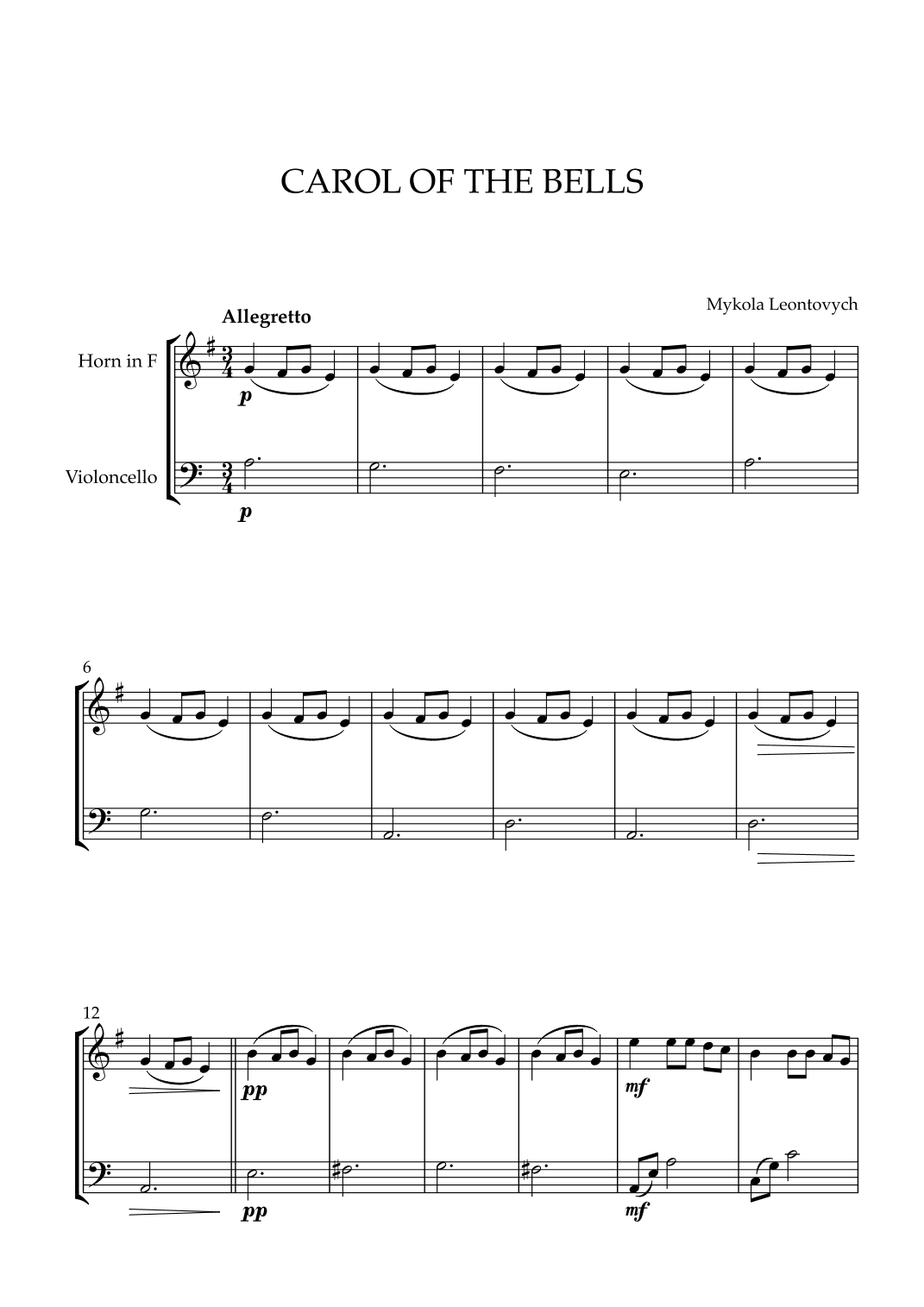 Mykola Leontovych - Carol of The Bells (for French Horn and Cello) (arr. Cadenza Editions)