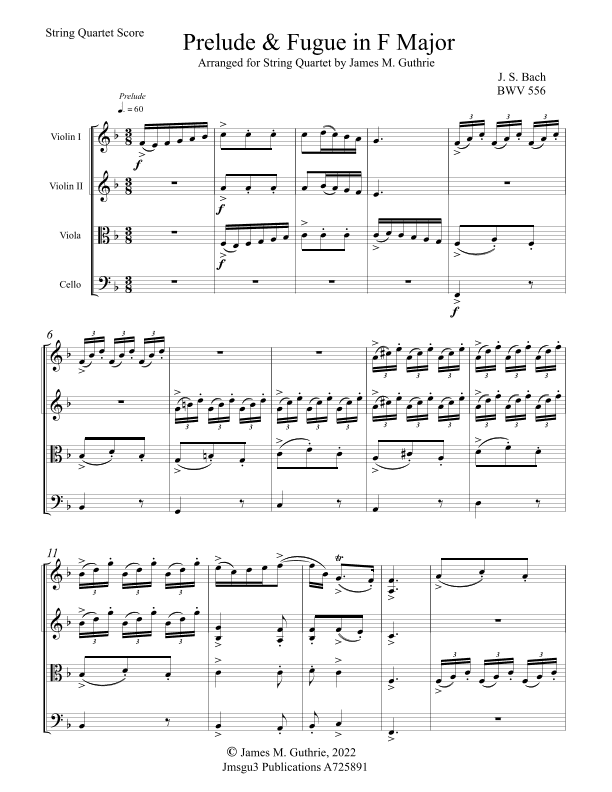 Bach: Prelude & Fugue in F Major BWV 556 for String Quartet (arr. James M. Guthrie)