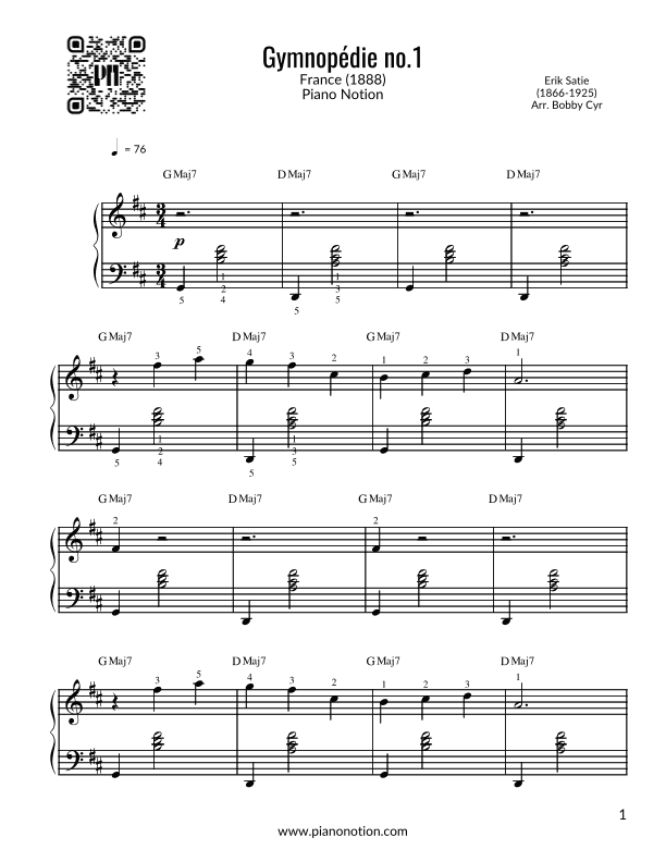 Gymnopédie no.1 (Piano Solo) (arr. Bobby Cyr)