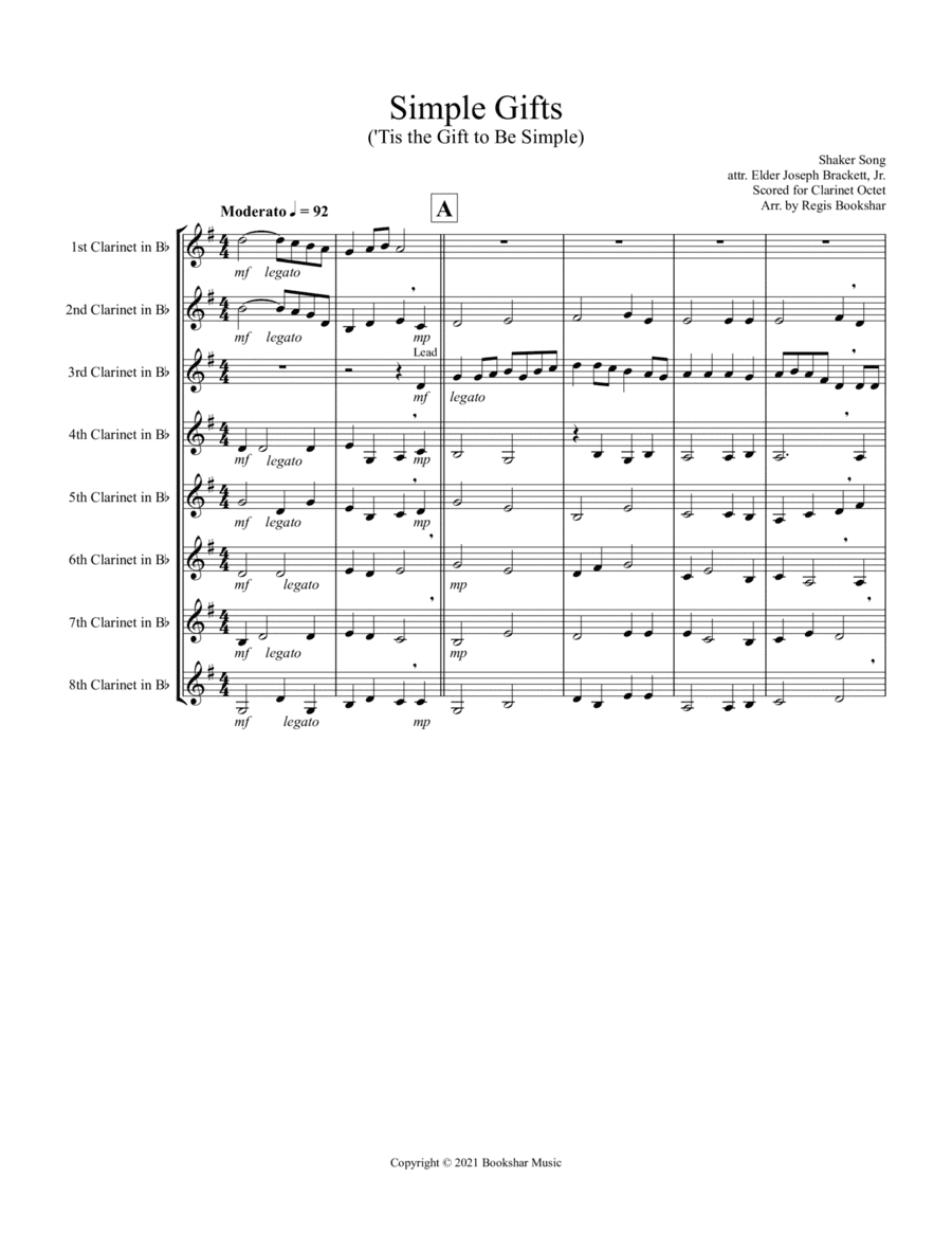 Simple Gifts ('Tis the Gift to Be Simple) (F) (Clarinet Octet) (arr. Regis Bookshar)