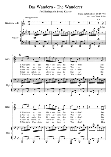 Das Wandern - The Wanderer für Klarinette in B und Klavier (arr. Oliver Stilin)