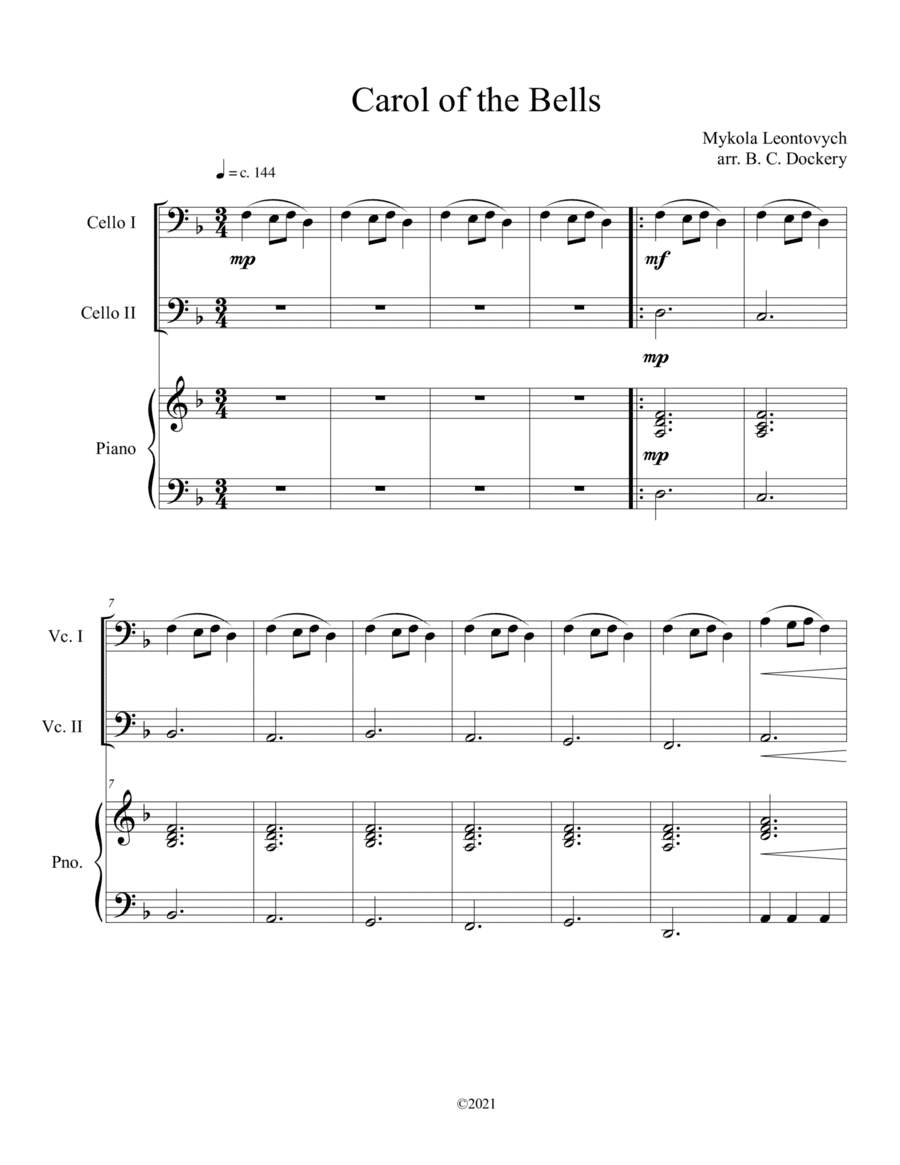 Carol of the Bells (Cello Duet with Piano Accompaniment) (arr. B. C. Dockery)