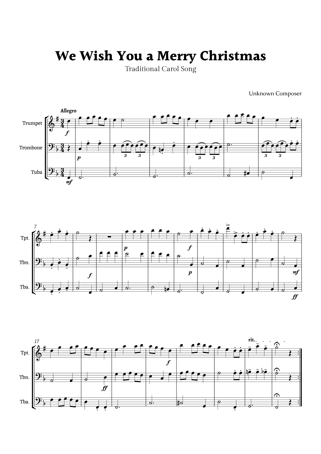 We Wish you a Merry Christmas for Brass Ensemble Trio (arr. Rika K.)
