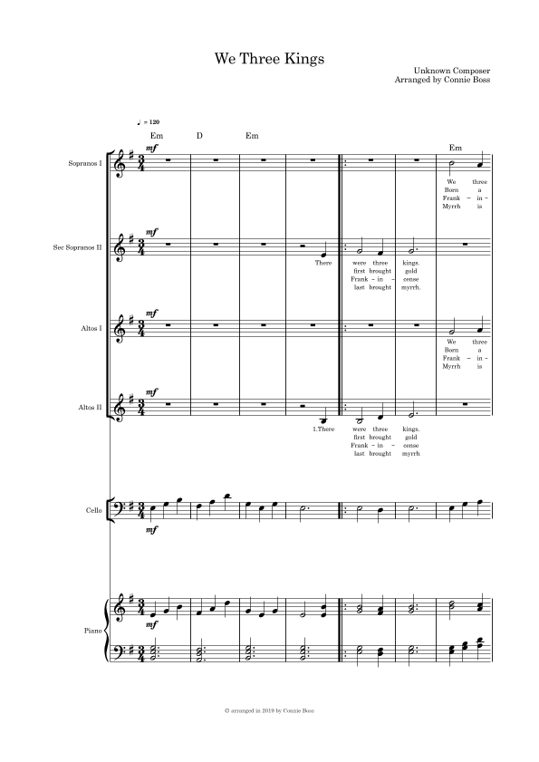 We Three Kings - SSAA quartet, cello and piano (arr. Connie Boss)