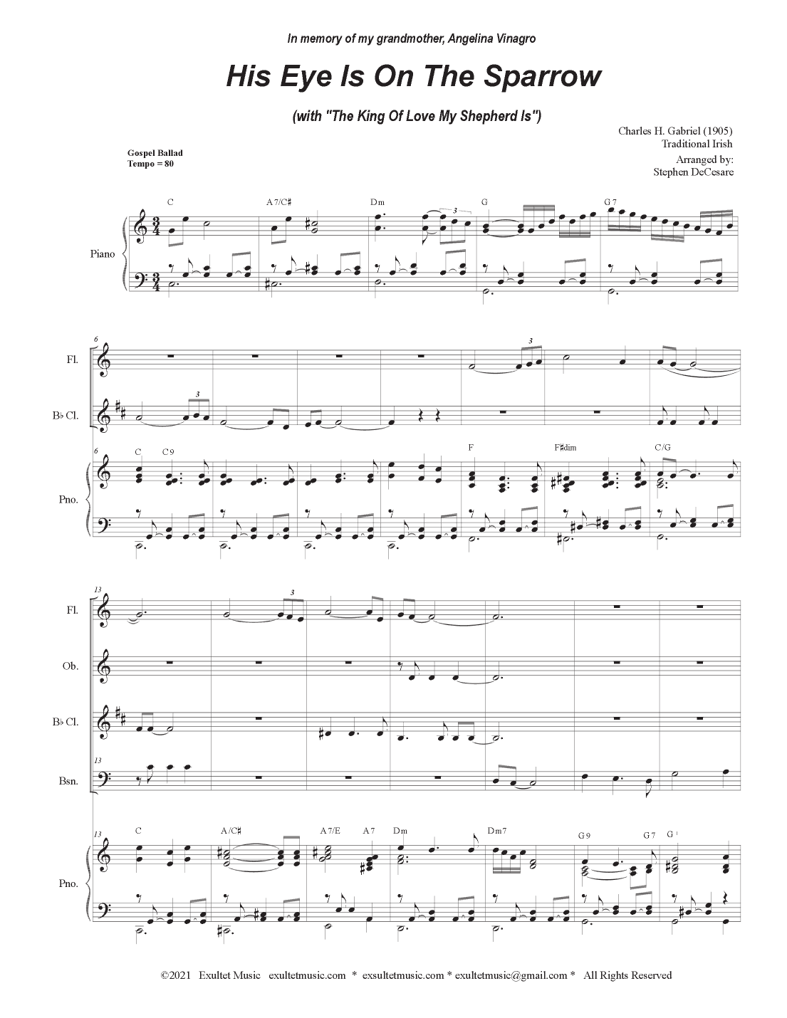 His Eye Is On The Sparrow (with "The King Of Love My Shepherd Is") (Woodwind Quartet and Piano) (arr. Stephen DeCesare)