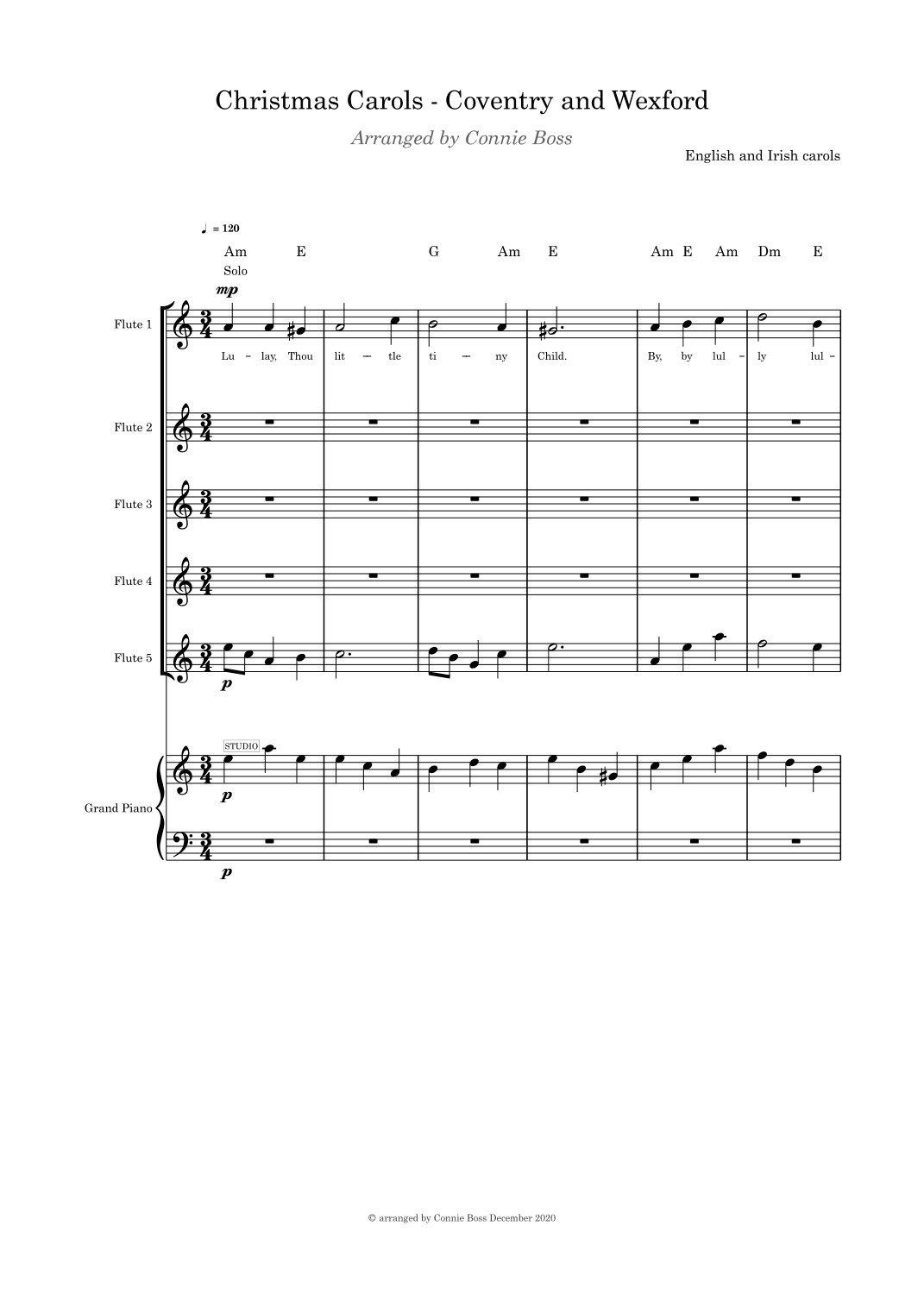 Christmas Carols (Coventry and Wexford) Flute quintet and piano (arr. Connie Boss)