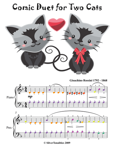 Comic Duet for Two Cats Easy Piano Sheet Music (arr. SilverTonalities)