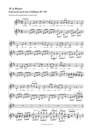 "Sehnsucht nach dem Frühlinge" KV 596 for Voice and Guitar (arr. Stefan Niggl)