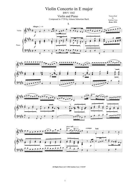 Bach - Violin Concerto in E major BWV1042 for Violin and Piano (arr. Santino Cara)