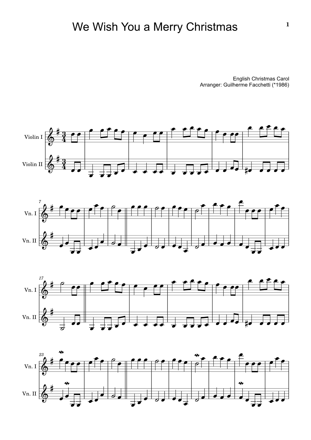 English Christmas Carol. We Wish You a Merry Christmas. Arrangement for Violin Duet (arr. Guilherme Facchetti)
