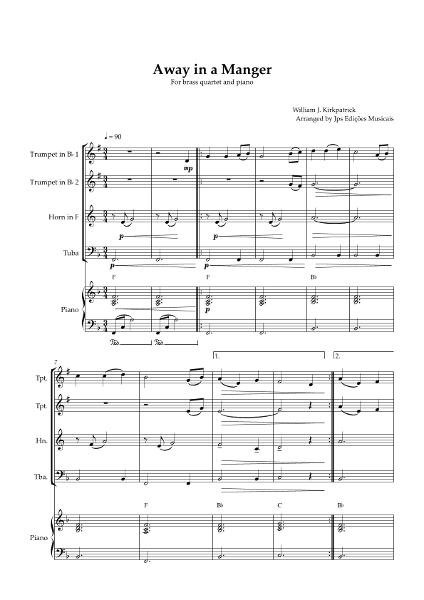 Away in a Manger for Brass Quartet and Piano (arr. JPS Edições Musicais)