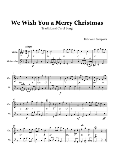 We Wish you a Merry Christmas for Violin and Cello Duet with Chords (arr. Rika K.)